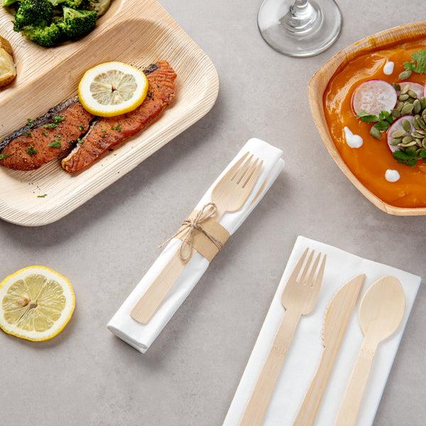 Restaurantware Natural Bamboo Flatware Set - With White Napkin - 6 3/4" X 3 1/4" X 3/4" - 100 Count Box