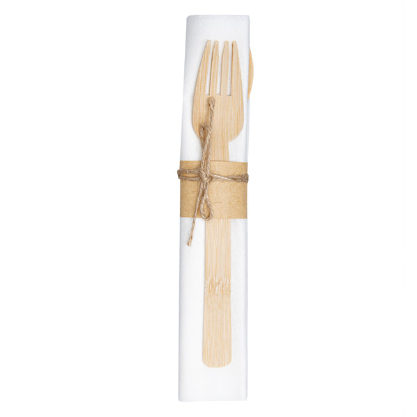 Restaurantware Natural Bamboo Flatware Set - With White Napkin - 6 3/4" X 3 1/4" X 3/4" - 100 Count Box