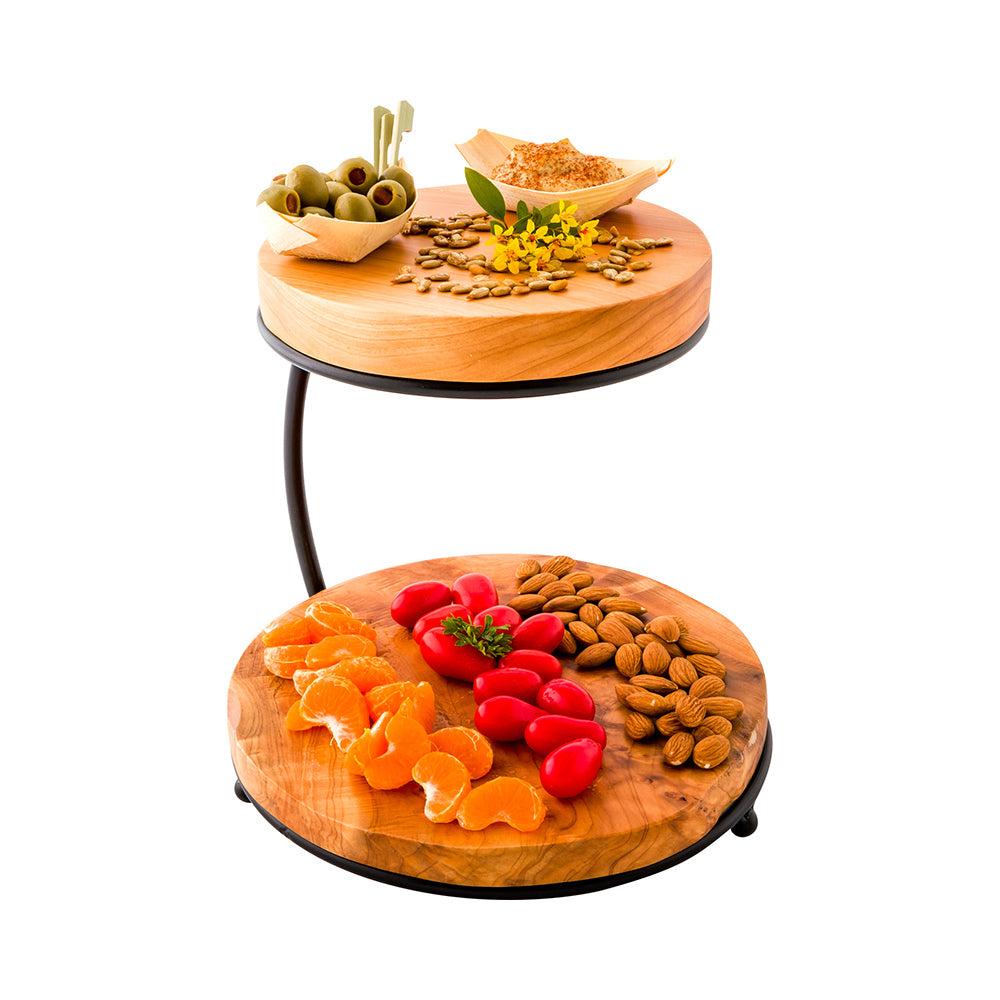 restaurantware Nature Tek Natural Wood Display Stand - 2-Tier with Metal Frame - 10 3/4" x 9 3/4" x 9 3/4" - 1 count box
