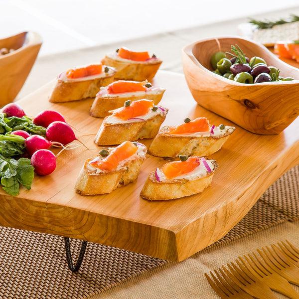 Restaurantware Nature Tek Natural Wood Large Serving Stand - 3-Legged - 15" X 14" X 1 1/2" - 1 Count Box
