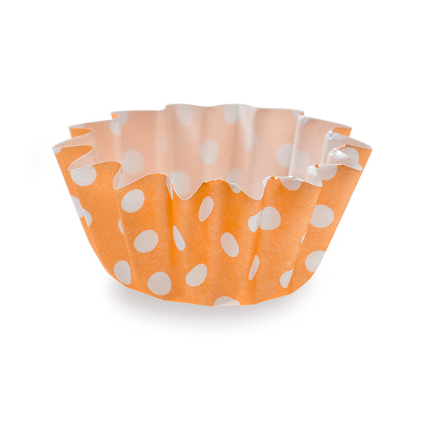 Restaurantware Panificio 0.4 Oz Round Polka-Dotted Hot Orange Paper Mini Baking Cup - Flared - 2" X 2" X 1/2" - 200 Count Box