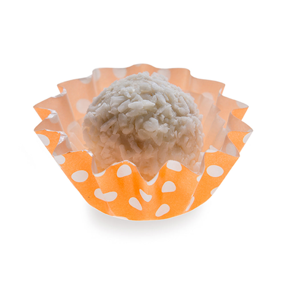 restaurantware Panificio 0.4 oz Round Polka-Dotted Hot Orange Paper Mini Baking Cup - Flared - 2" x 2" x 1/2" - 200 count box