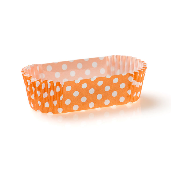 Restaurantware Panificio 1 Oz Elliptical Polka-Dotted Hot Orange Paper Regular Baking Cup - Ridged - 3 1/2" X 1 1/2" X 3/4" - 200 Count Box