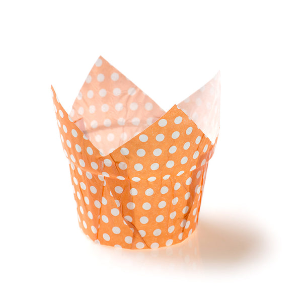 Restaurantware Panificio 1 Oz Tulip Polka-Dotted Hot Orange Paper Regular Baking Cup - 3" X 3" X 3" - 200 Count Box