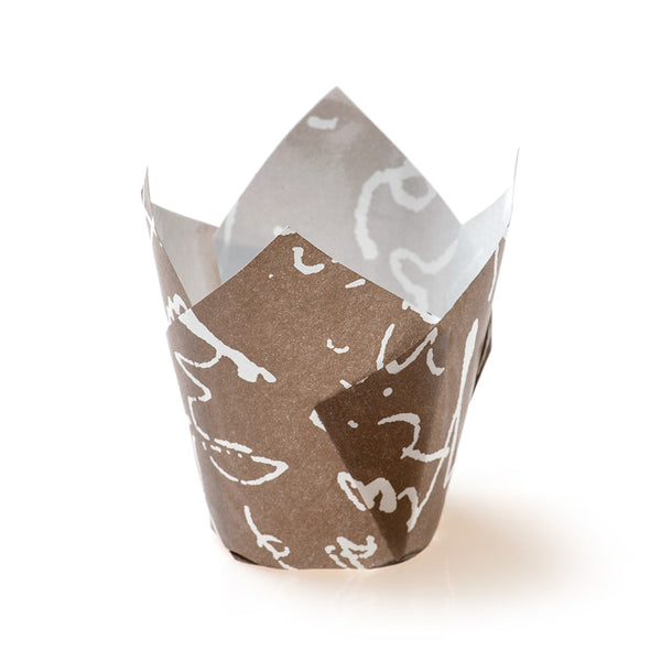 Restaurantware Panificio 2 Oz Tulip Chocolate Wisp Paper Tall Baking Cup - 3 1/4" X 3 1/4" X 3" - 200 Count Box