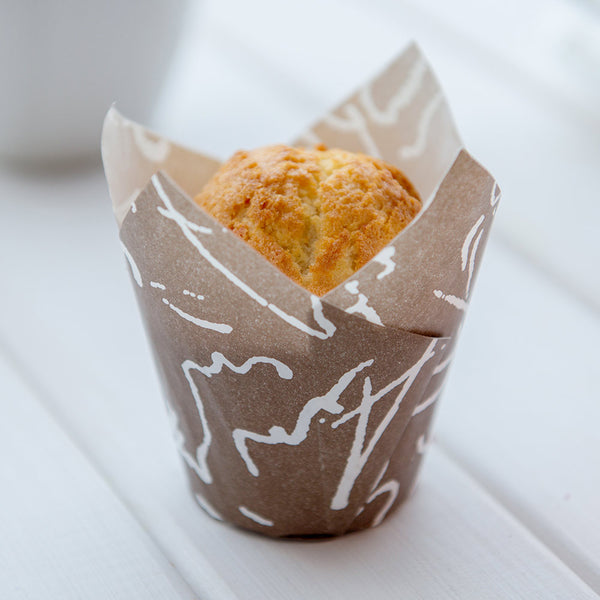 Restaurantware Panificio 2 Oz Tulip Chocolate Wisp Paper Tall Baking Cup - 3 1/4" X 3 1/4" X 3" - 200 Count Box