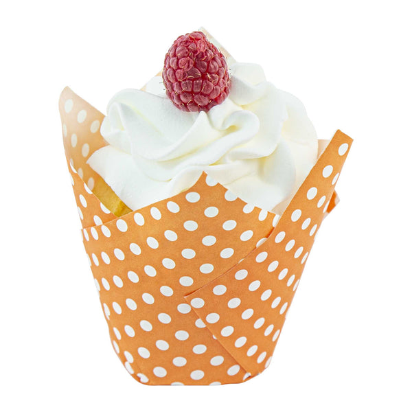 Restaurantware Panificio 2 Oz Tulip Polka-Dotted Hot Orange Paper Tall Baking Cup - 3 1/4" X 3 1/4" X 3 1/2" - 200 Count Box