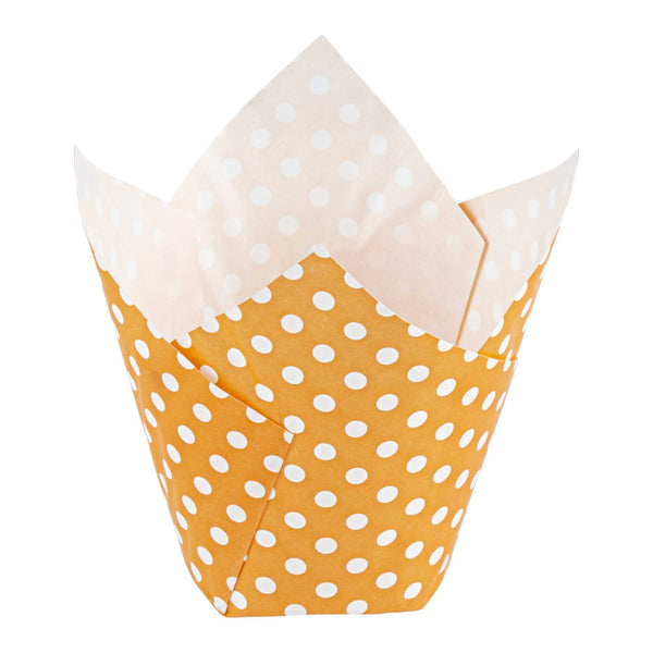 Restaurantware Panificio 2 Oz Tulip Polka-Dotted Hot Orange Paper Tall Baking Cup - 3 1/4" X 3 1/4" X 3 1/2" - 200 Count Box