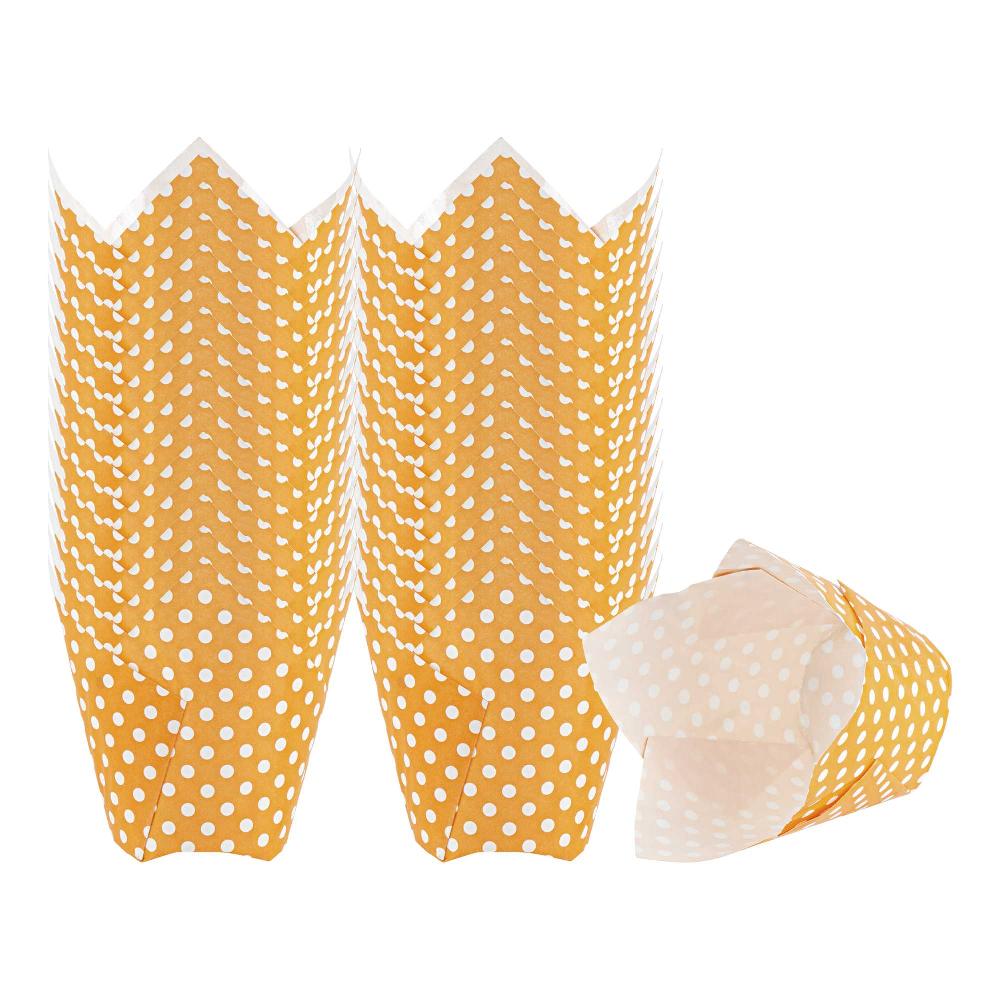 restaurantware Panificio 2 oz Tulip Polka-Dotted Hot Orange Paper Tall Baking Cup - 3 1/4" x 3 1/4" x 3 1/2" - 200 count box