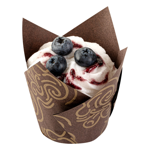 Restaurantware Panificio 3.5 Oz Brown Paper Floral Tulip Baking Cup - Greaseproof - 3 1/4" X 3 1/4" X 3 1/4" - 500 Count Box