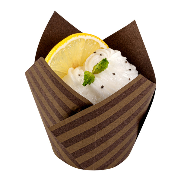 Restaurantware Panificio 3.5 Oz Brown Paper Striped Tulip Baking Cup - Greaseproof - 3 1/4" X 3 1/4" X 3 1/4" - 500 Count Box