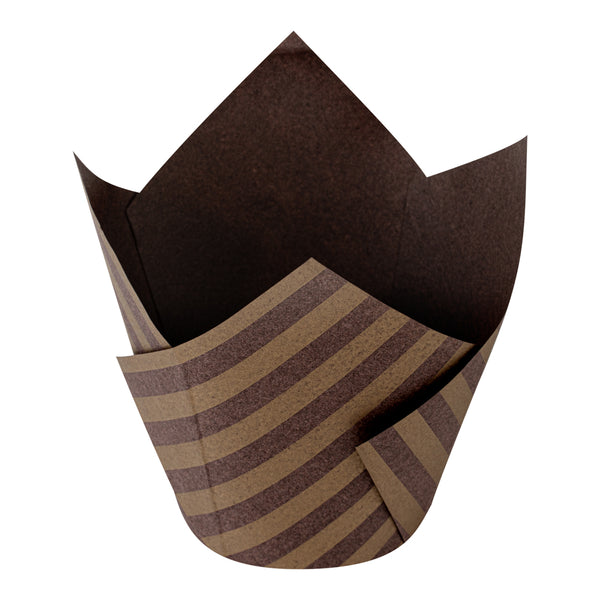 Restaurantware Panificio 3.5 Oz Brown Paper Striped Tulip Baking Cup - Greaseproof - 3 1/4" X 3 1/4" X 3 1/4" - 500 Count Box
