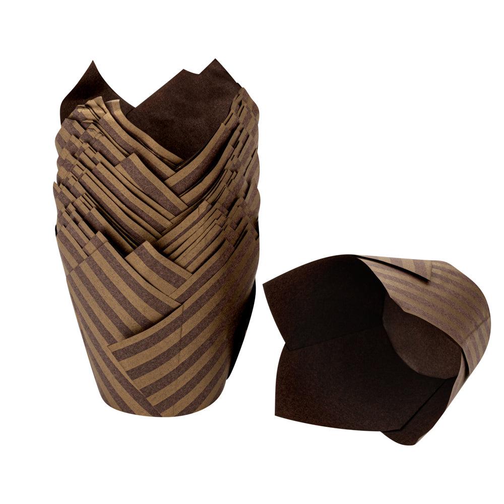 restaurantware Panificio 3.5 oz Brown Paper Striped Tulip Baking Cup - Greaseproof - 3 1/4" x 3 1/4" x 3 1/4" - 500 count box