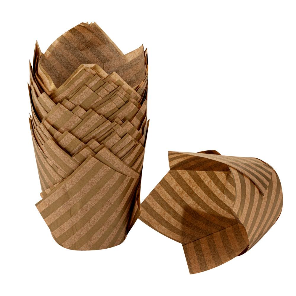 restaurantware Panificio 3.5 oz Kraft Paper Striped Tulip Baking Cup - Greaseproof - 3 1/4" x 3 1/4" x 3 1/4" - 500 count box