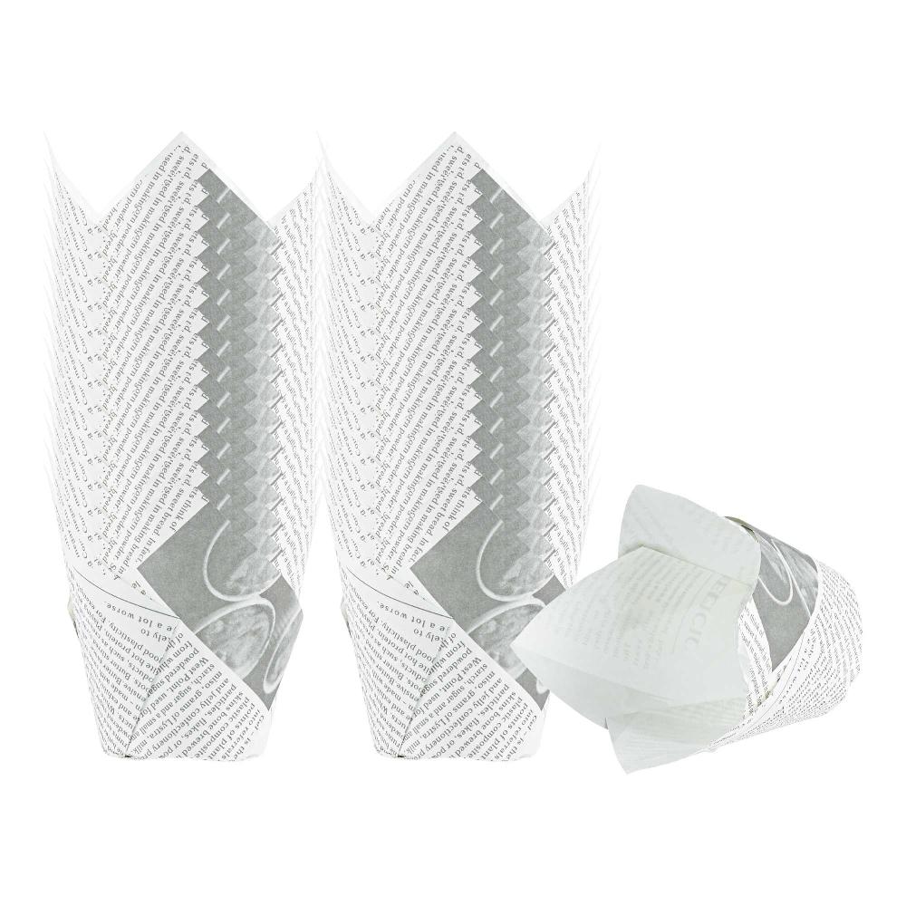 restaurantware Panificio 3.5 oz Tulip Newsprint Paper Tall Baking Cup - 3 1/4" x 3 1/4" x 3 1/4" - 200 count box