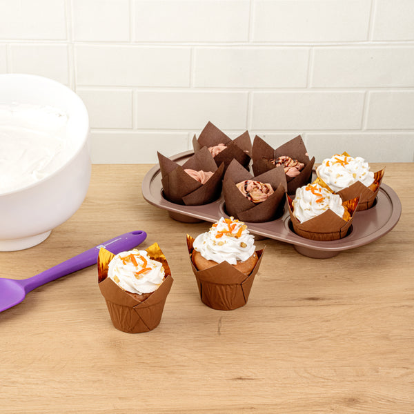 Restaurantware Panificio 3.9 Oz Brown Foil Paper Tulip Baking Cup - 3 1/4" X 3 1/4" X 2 3/4" - 500 Count Box