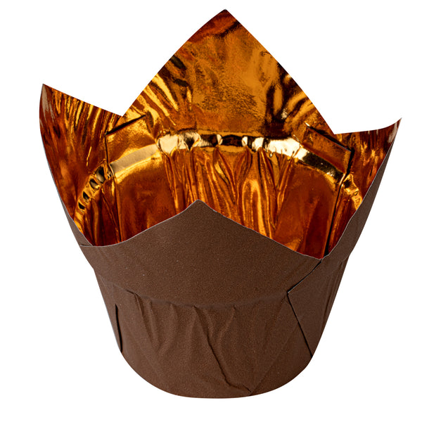 Restaurantware Panificio 3.9 Oz Brown Foil Paper Tulip Baking Cup - 3 1/4" X 3 1/4" X 2 3/4" - 500 Count Box