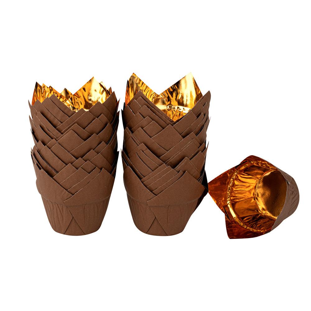 restaurantware Panificio 3.9 oz Brown Foil Paper Tulip Baking Cup - 3 1/4" x 3 1/4" x 2 3/4" - 500 count box