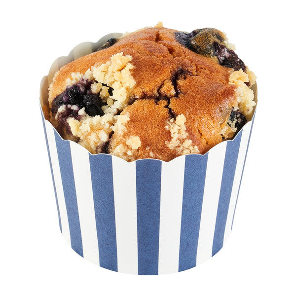 Restaurantware Panificio 3 Oz Round Stripe Blue Paper Mini Baking Cup - Scalloped - 2 1/2" X 2 1/2" X 1 3/4" - 200 Count Box