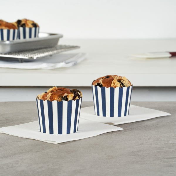 Restaurantware Panificio 3 Oz Round Stripe Blue Paper Mini Baking Cup - Scalloped - 2 1/2" X 2 1/2" X 1 3/4" - 200 Count Box