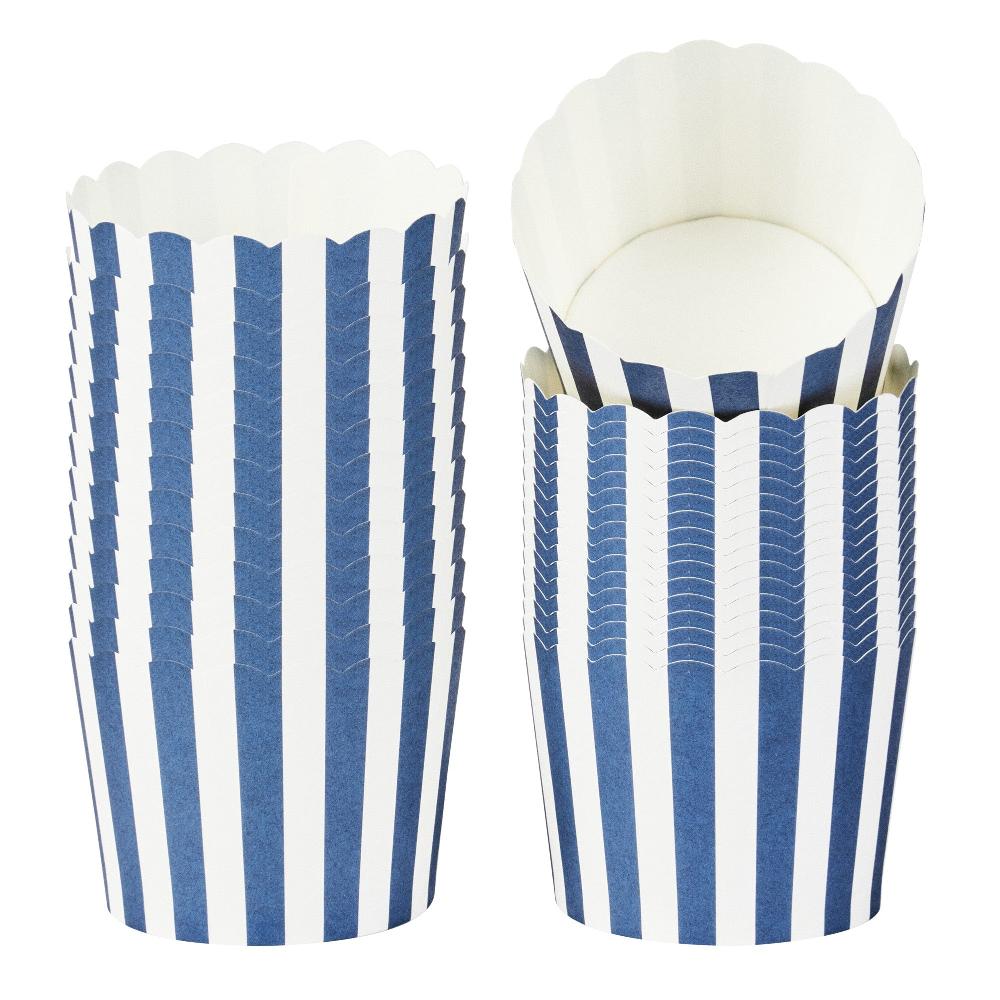restaurantware Panificio 3 oz Round Stripe Blue Paper Mini Baking Cup - Scalloped - 2 1/2" x 2 1/2" x 1 3/4" - 200 count box