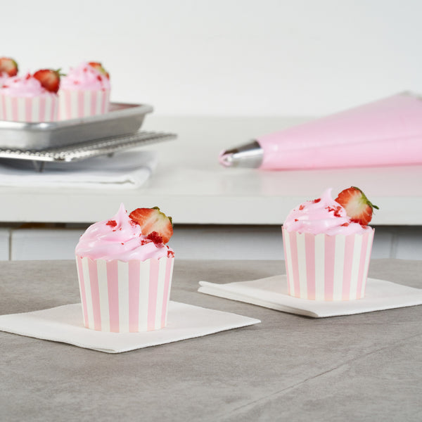 Restaurantware Panificio 3 Oz Round Stripe Pink Paper Mini Baking Cup - Scalloped - 2 1/2" X 2 1/2" X 1 3/4" - 200 Count Box