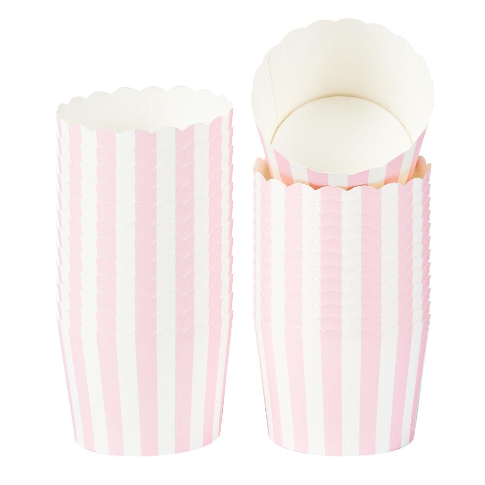 restaurantware Panificio 3 oz Round Stripe Pink Paper Mini Baking Cup - Scalloped - 2 1/2" x 2 1/2" x 1 3/4" - 200 count box
