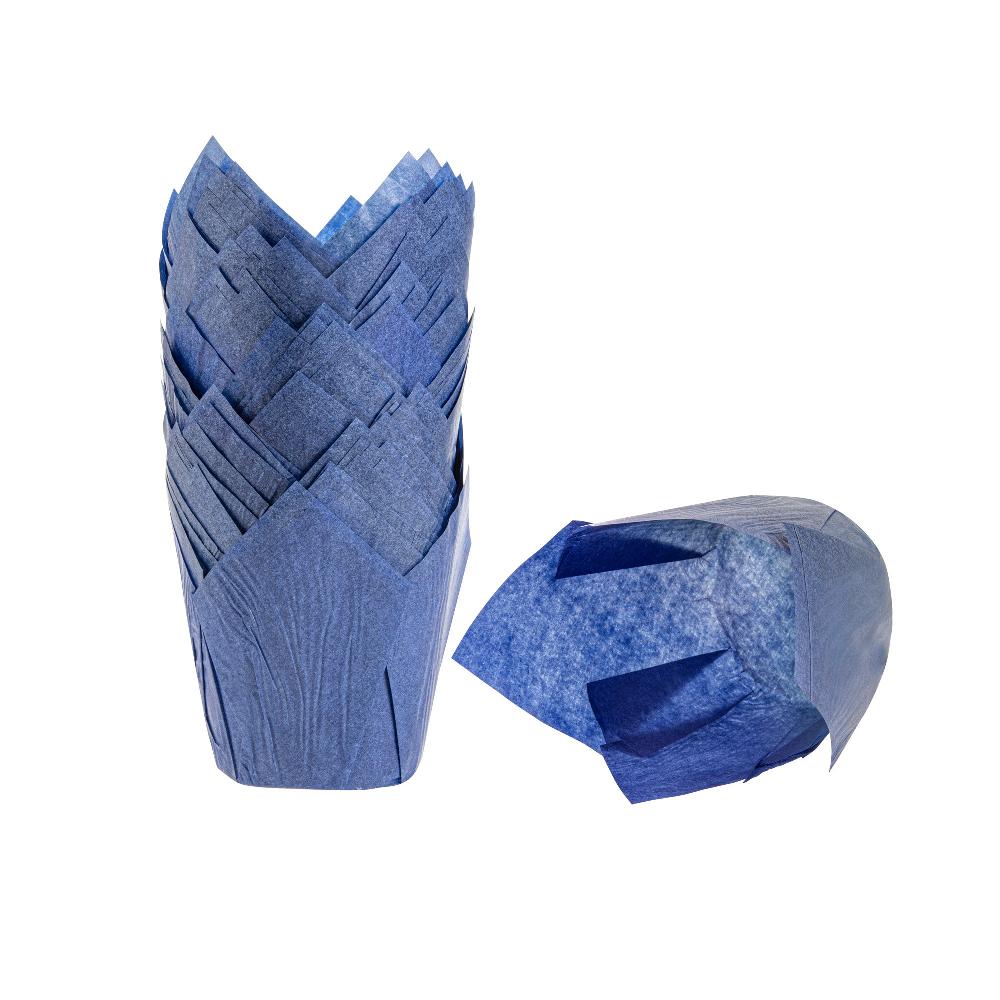 restaurantware Panificio 4 oz Blue Paper Tulip Baking Cup - Greaseproof - 3 1/2" x 3 1/2" x 3 1/2" - 200 count box
