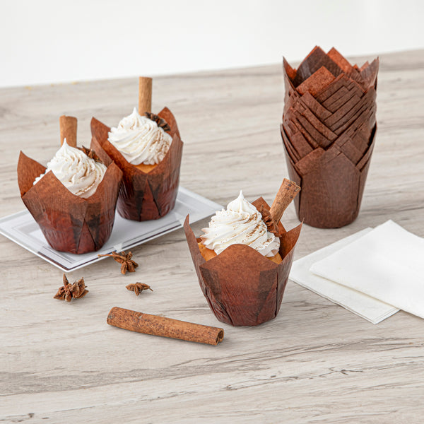 Restaurantware Panificio 4 Oz Brown Paper Tulip Baking Cup - Greaseproof - 3 1/2" X 3 1/2" X 3 1/2" - 200 Count Box