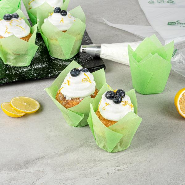 Restaurantware Panificio 4 Oz Green Paper Tulip Baking Cup - Greaseproof - 3 1/2" X 3 1/2" X 3 1/2" - 200 Count Box