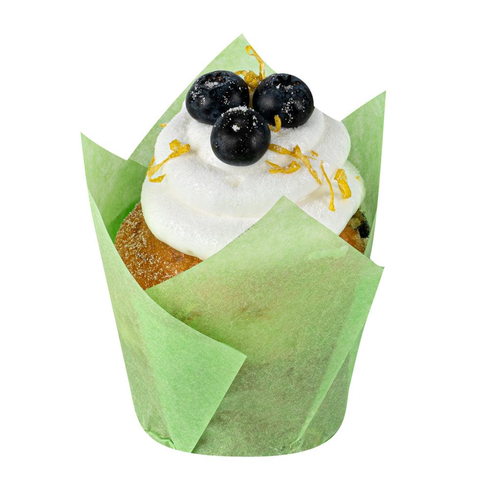 restaurantware Panificio 4 oz Green Paper Tulip Baking Cup - Greaseproof - 3 1/2" x 3 1/2" x 3 1/2" - 200 count box