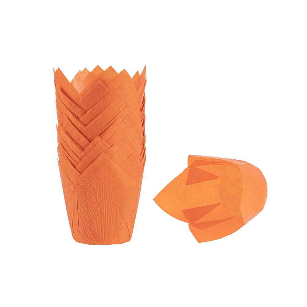 restaurantware Panificio 4 oz Orange Paper Tulip Baking Cup - Greaseproof - 3 1/2" x 3 1/2" x 3 1/2" - 200 count box