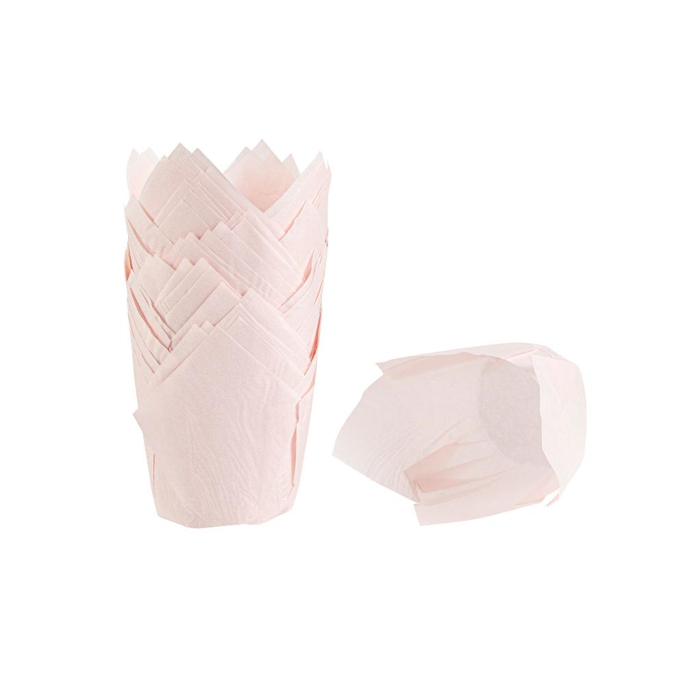 restaurantware Panificio 4 oz Pink Paper Tulip Baking Cup - Greaseproof - 3 1/2" x 3 1/2" x 3 1/2" - 200 count box