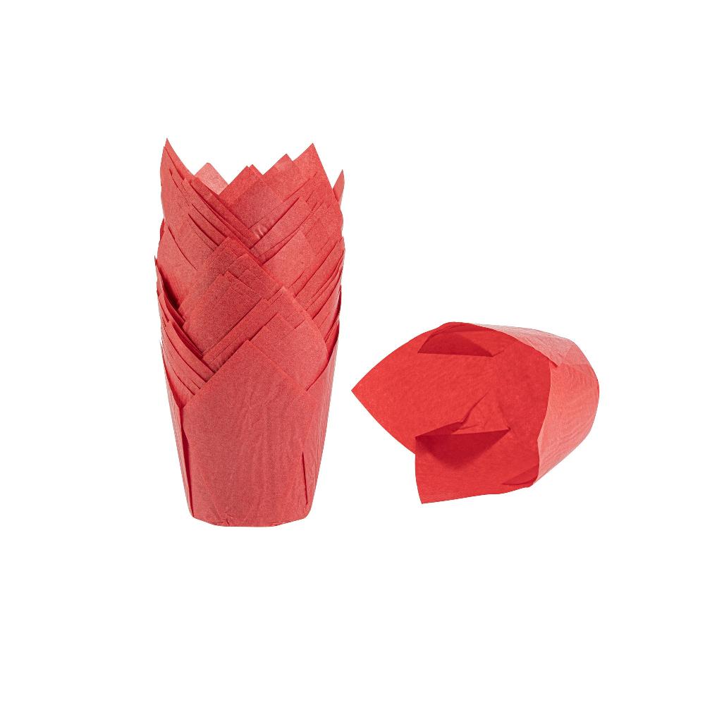restaurantware Panificio 4 oz Red Paper Tulip Baking Cup - Greaseproof - 3 1/2" x 3 1/2" x 3 1/2" - 200 count box