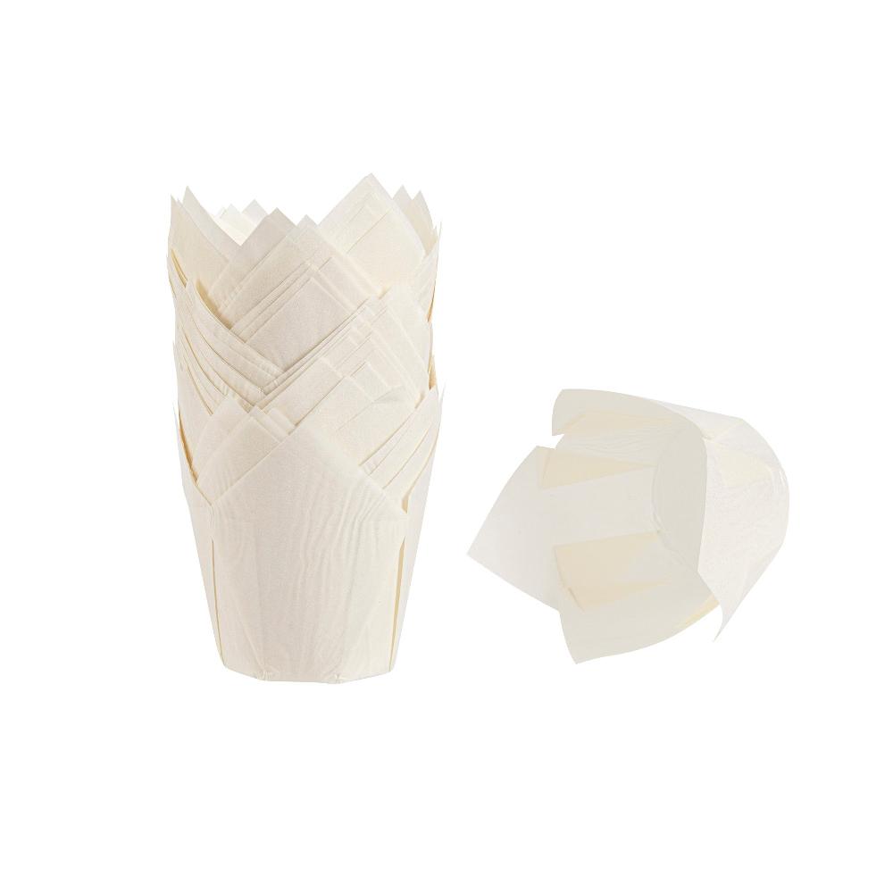restaurantware Panificio 4 oz White Paper Tulip Baking Cup - Greaseproof - 3 1/2" x 3 1/2" x 3 1/2" - 200 count box