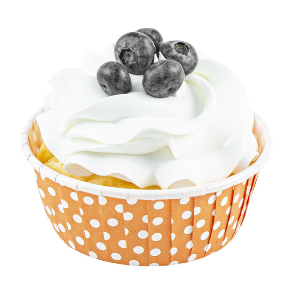 Restaurantware Panificio 5 Oz Round Polka-Dotted Hot Orange Paper Large Baking Cup - Pleated - 3 3/4" X 3 3/4" X 1 1/2" - 200 Count Box