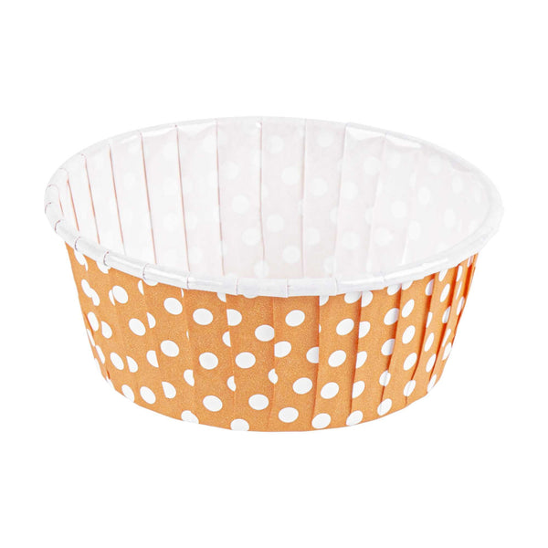 Restaurantware Panificio 5 Oz Round Polka-Dotted Hot Orange Paper Large Baking Cup - Pleated - 3 3/4" X 3 3/4" X 1 1/2" - 200 Count Box