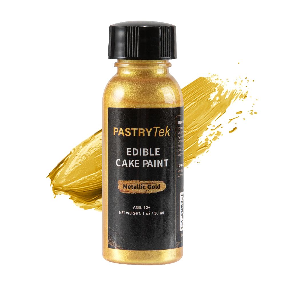 restaurantware Pastry Tek 1 oz Metallic Gold Edible Food Coloring / Cake Paint - with Brush - 1 count box