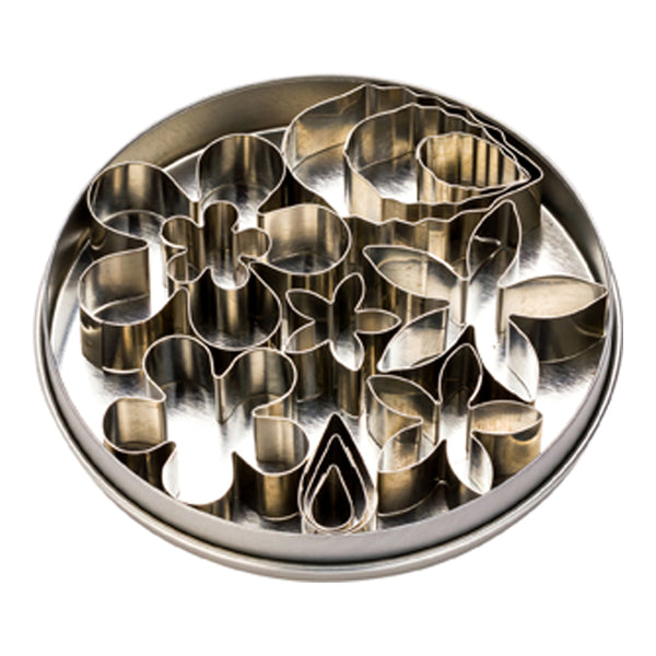 Restaurantware Pastry Tek 12-Piece Metal Flower And Leaf Cookie Cutter Set In Round Tin Box 1 Count Box