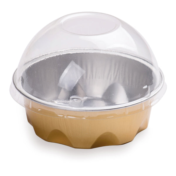 Restaurantware Pastry Tek 3 Oz Round Gold Aluminum Baking Cup - With Plastic Dome Lid - 3 1/4" X 3 1/4" X 1" - 100 Count Box