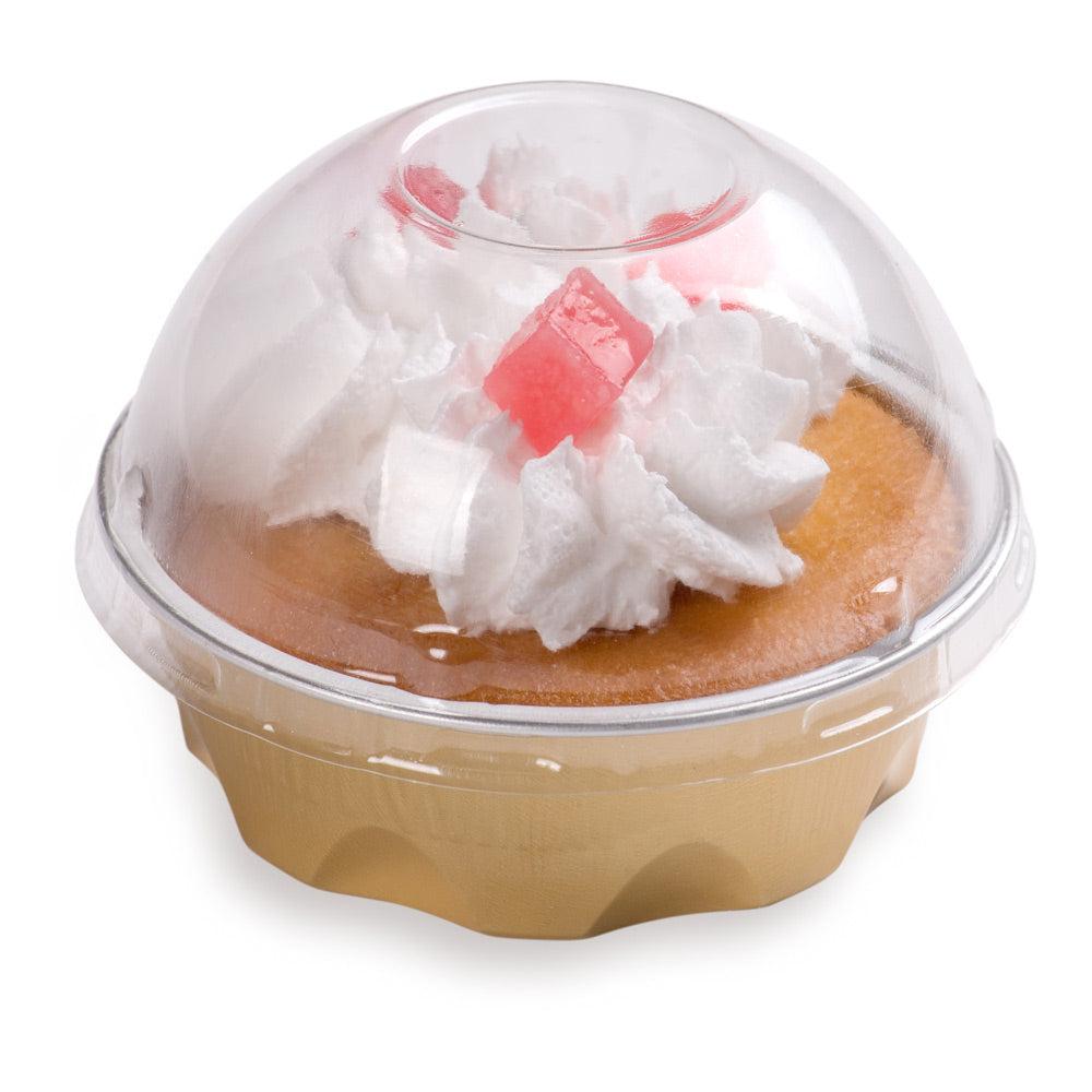 restaurantware Pastry Tek 3 oz Round Gold Aluminum Baking Cup - with Plastic Dome Lid - 3 1/4" x 3 1/4" x 1" - 100 count box