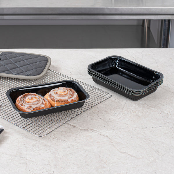 Restaurantware Pastry Tek 32 Oz Rectangle Black Paperboard Tray - Oven-Safe - 8 1/4" X 5 1/2" X 1 1/2" - 100 Count Box