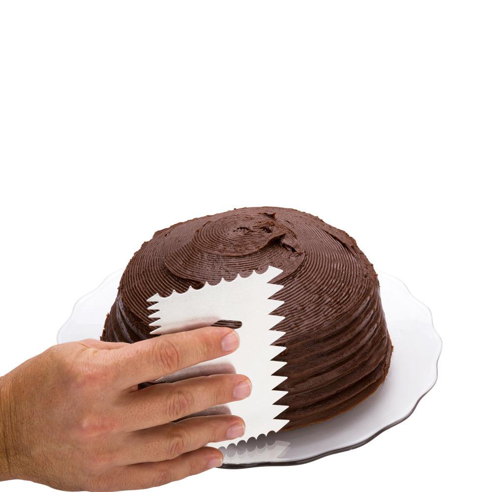 restaurantware Pastry Tek 4-Pattern Metal Cake Scraper and Icing Comb with Wave and Wide Tooth Edge - 4.8" x 3.8" - 1 count box