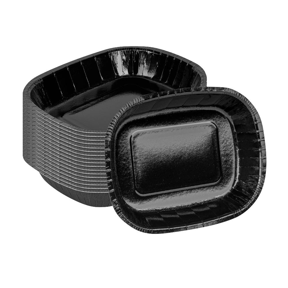 restaurantware Pastry Tek 48 oz Rectangle Black Paperboard Tray - Oven-Safe - 9" x 7" x 1 3/4" - 100 count box