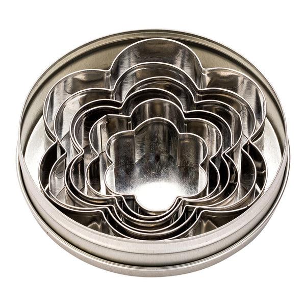 Restaurantware Pastry Tek 6-Piece Metal Flower Cookie Cutter Set In Round Tin Box 1 Count Box