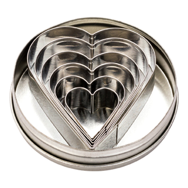 Restaurantware Pastry Tek 6-Piece Metal Heart Cookie Cutter Set In Round Tin Box 1 Count Box