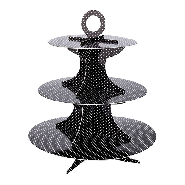Restaurantware Pastry Tek Black Cardboard Cupcake Stand - 3-Tier White Polka Dots - 13 1/2" X 13 1/2" X 14" - 1 Count Box