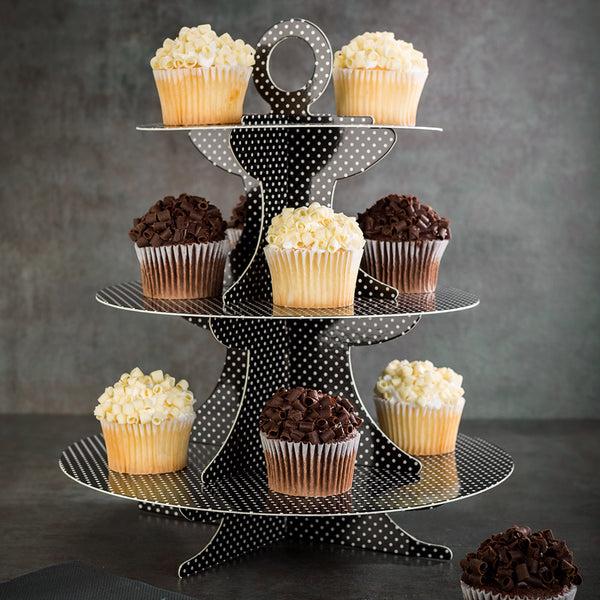Restaurantware Pastry Tek Black Cardboard Cupcake Stand - 3-Tier White Polka Dots - 13 1/2" X 13 1/2" X 14" - 1 Count Box