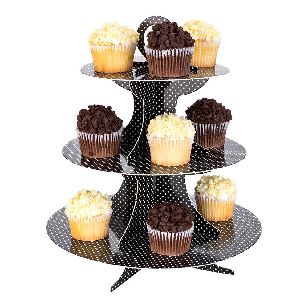 restaurantware Pastry Tek Black Cardboard Cupcake Stand - 3-Tier White Polka Dots - 13 1/2" x 13 1/2" x 14" - 1 count box