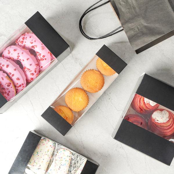 Restaurantware Pastry Tek Black Paper Pastry / Cake Box - With Window - 9 3/4" X 3 1/4" X 2 1/4" - 100 Count Box